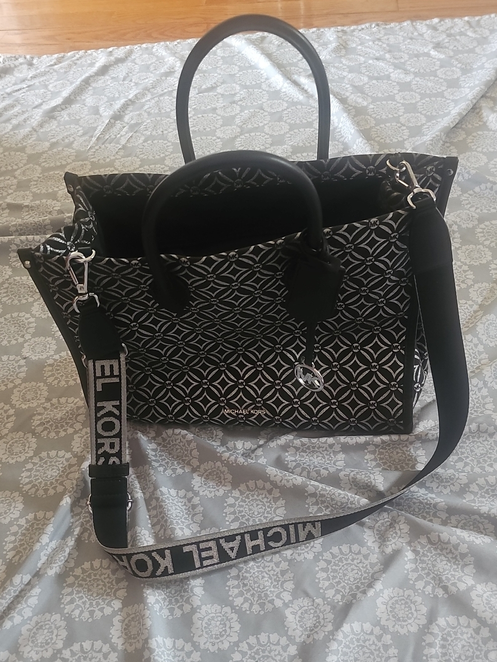 Michael Kors Black & White Geometric Tote with Branded Strap
